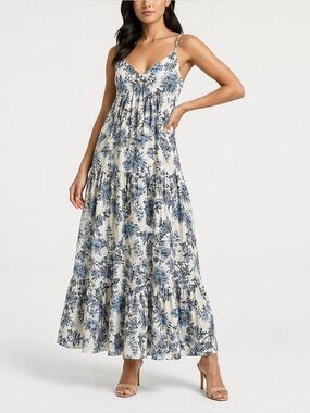 Taylor Floral V-Neck Tiered A-Line Maxi Dress, Size Small